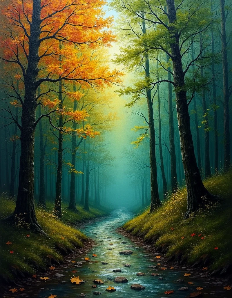 autumn, landscape, After the rain, deep Dark green, dense forest, (Dark forest:2), ((a thick textured oil painting, impasto brushstrokes, dry brushing, paletteknife:2)) oil painted harmonic colors, modern impasto style, abstract art, vibrant colors, deep shadows, warm lighting, atmospheric, moody, dramatic, intricate details, Harmonic composition, expressive brushwork, textural paint surface, (best quality,4k,8k,highres,masterpiece:1.2),ultra-detailed,(realistic,photorealistic,photo-realistic:1.37)
