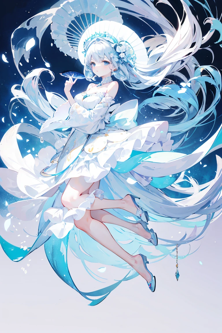 elegant，Holding a folding fan，fullbody，(Soft colors), (muted colors), (high quality render), light blue moon jellyfish personified, dainty, pearls, white color theme, ((illustration))