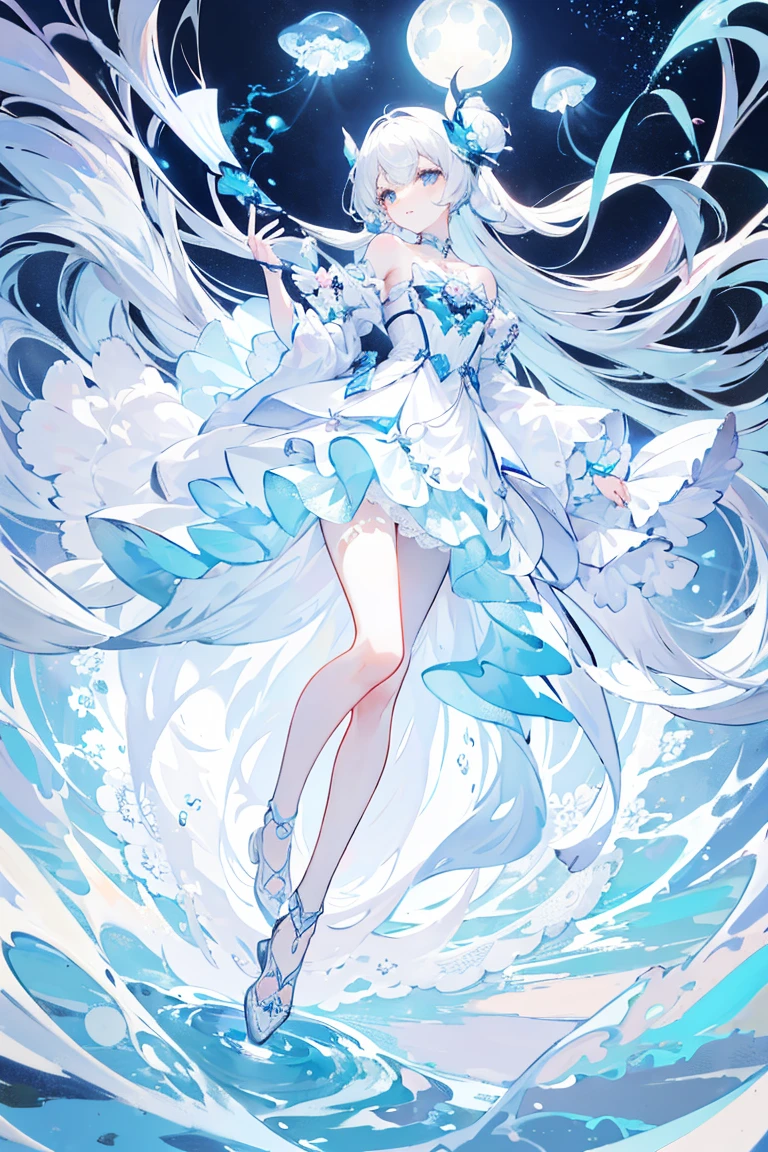 elegant,Holding a folding fan,fullbody,(Soft colors), (muted colors), (high quality render), light blue moon jellyfish personified, dainty, pearls, white color theme, ((illustration))