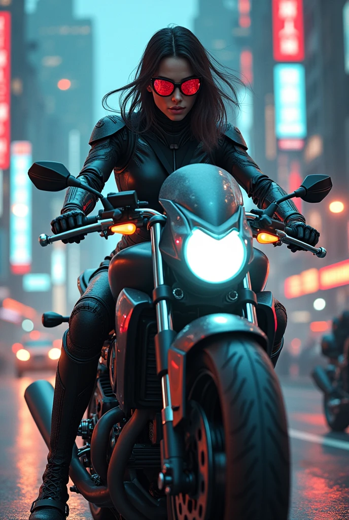 put on sunglasses,there is a armed terminator woman riding a motorcycle on a city street, badass anime 8 k, daniel maidman octane rendering, sitting on cyberpunk motorbike, unreal engine 4k wallpaper, octane. trending on artstation, motorcycle concept art, concept art octane render, octane cgsociety, unreal engine', 3 d octane render conceptart, james gurney cinematic lighting, beautiful and cinematic lighting