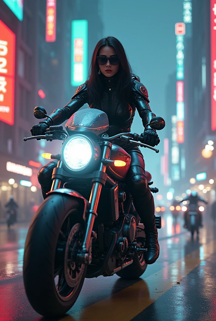 put on sunglasses,there is a armed terminator woman riding a motorcycle on a city street, badass anime 8 k, daniel maidman octane rendering, sitting on cyberpunk motorbike, unreal engine 4k wallpaper, octane. trending on artstation, motorcycle concept art, concept art octane render, octane cgsociety, unreal engine', 3 d octane render conceptart, james gurney cinematic lighting, beautiful and cinematic lighting