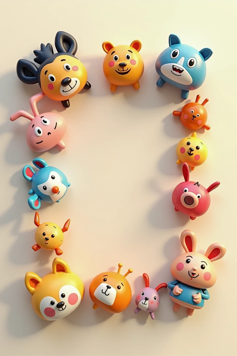 top view; style: cartoon: 
make a rectangular transparent background 
in the rectangular Background Edges add some 3d rendered toys 
must be the middel of the rectangular no object, it will be free and transparent no background on the toys