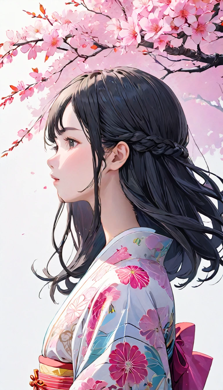 (((White background、White world)))、22 years old、Unity 8k wallpaper、Super detailed、Beautiful and aesthetic、masterpiece、Highest quality、(Tangle、Mandala、Tangle、Tangle)、(Fractal Art:1.3)、One Woman、Beautiful black hair、Wavy Hair、Japanese、Big pink、Pink kimono、Japanese...