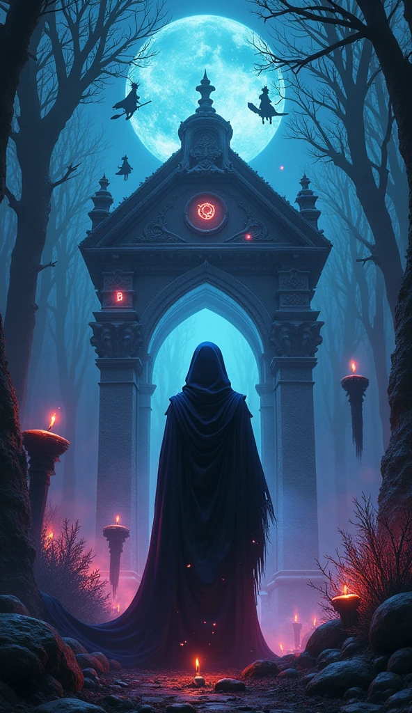 There is a title "Grave Walker" written over the fantasy coffin. There is a night background of the title. Witches flying in the sky on their flying brooms. Magic is spreading at the background. Title "Grave Walker" is written with some magic colours. A 3D, aesthetic, fantasy, magic poster.