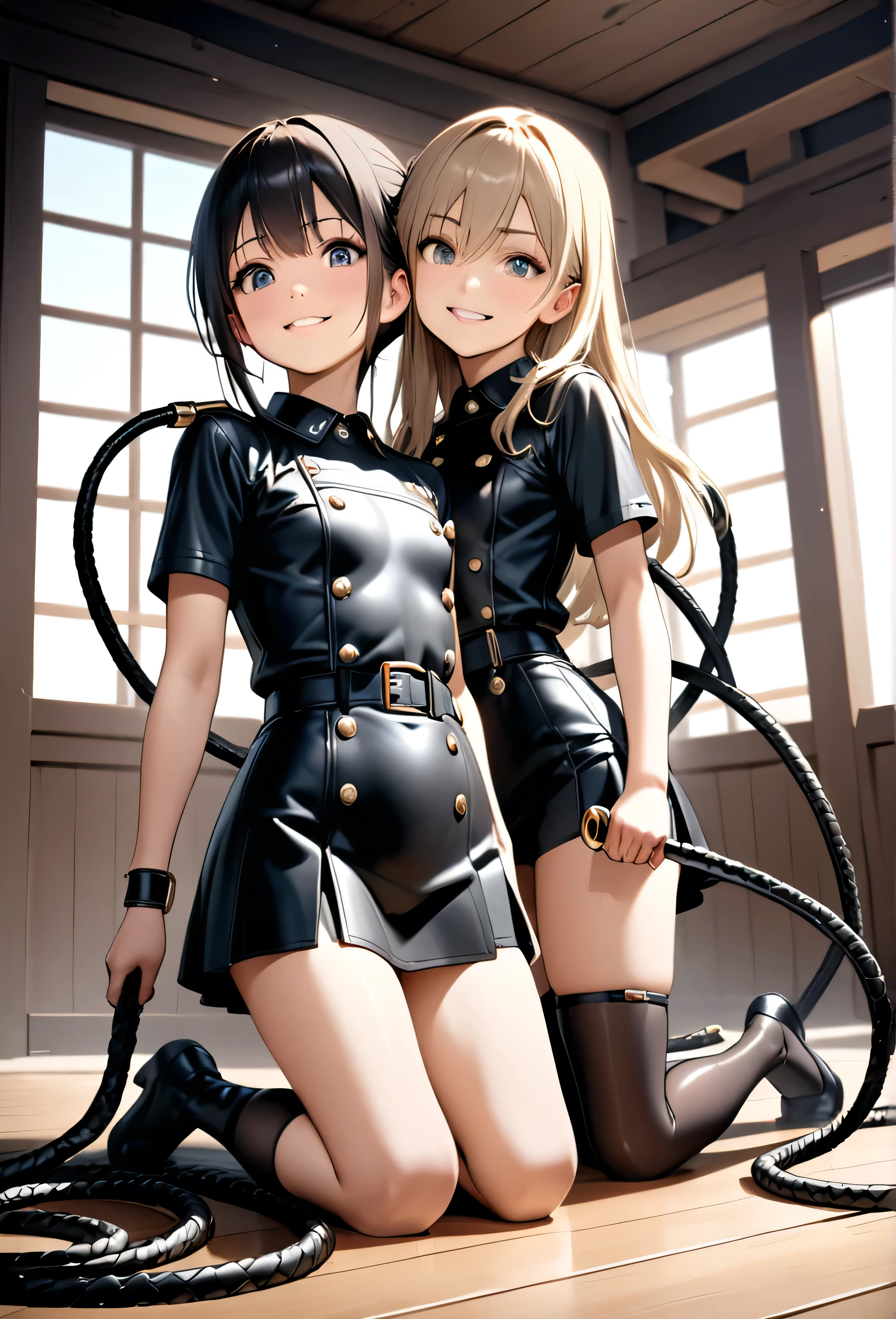 ((masterpiece)),((best quality)), two girls around 18 years old, Two girls holding whips, (leather whip), smile, Kneeling Girl, ブーツ