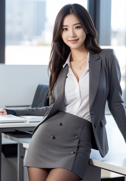 (Highly detailed CG Unity 8K wallpapers, Highest quality, Very detailed, Looking at the camera:1.2, The light shines on your face:1.5, Gray background, Professional Lighting), Upper Body, 20-year-old Japanese female paralegal. Hair length is medium, dark, Back to practical style; Oval face and well-defined eyebrows, Intelligent almond-shaped eyes, Straight nose, and a gentle tone. Outfit includes a tailored blazer, Crisp white shirt, discreet pendant necklace, It symbolizes her efficient and focused personality., front, Mid Shot, smile, mini skirt, pantyhose, High heels, Perfect beauty, office worker, ((Perfect beauty)), Slim legs, Large meeting room,