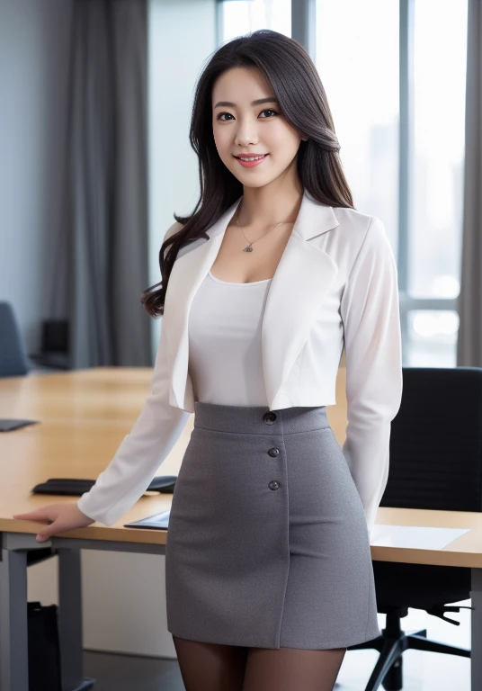 (Highly detailed CG Unity 8K wallpapers, Highest quality, Very detailed, Looking at the camera:1.2, The light shines on your face:1.5, Gray background, Professional Lighting), Upper Body, 20-year-old Japanese female paralegal. Hair length is medium, dark, Back to practical style; Oval face and well-defined eyebrows, Intelligent almond-shaped eyes, Straight nose, and a gentle tone. Outfit includes a tailored blazer, Crisp white shirt, discreet pendant necklace, It symbolizes her efficient and focused personality., front, Mid Shot, smile, mini skirt, pantyhose, High heels, Perfect beauty, office worker, ((Perfect beauty)), Slim legs, Large meeting room,