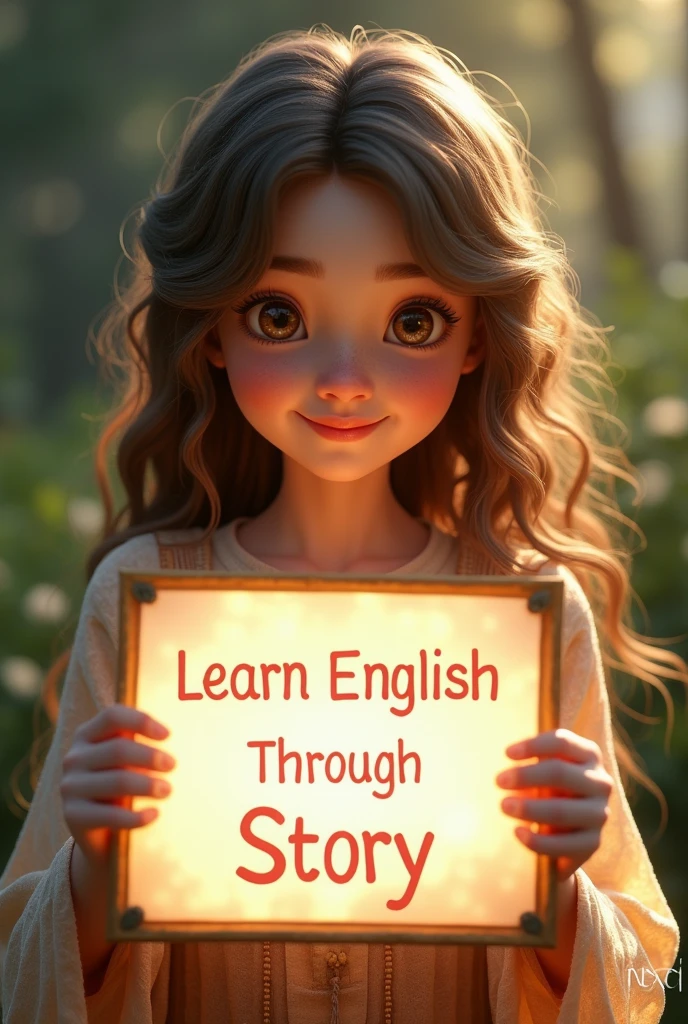 Beautiful girl with heart-warming smile and wavy long hair, bohemian dress, holding a white board with text "learn English Through Story" and showing it to the viewer, the board is glowing with a the text,Different quality girl.