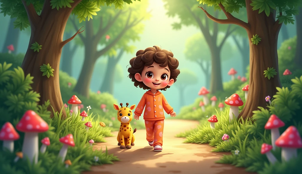 Cartoon girl in pajamas walking in a beautiful forest along a path with a stuffed giraffe toy next to her