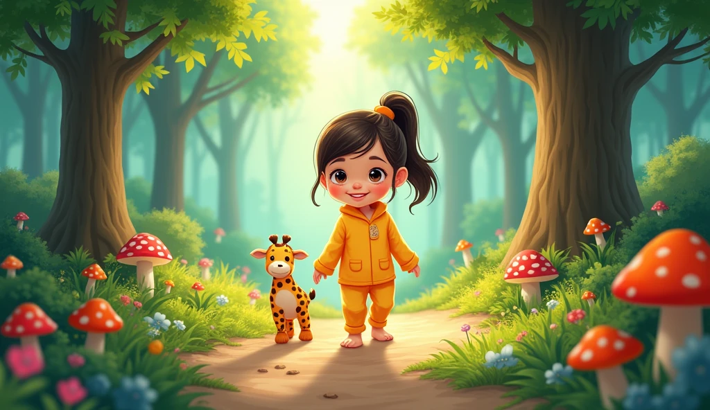 Cartoon girl in pajamas walking in a beautiful forest along a path with a stuffed giraffe toy next to her
