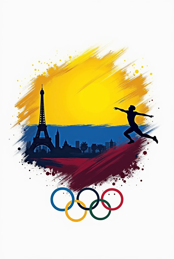 Logo for a t-shirt with the flag of Colombia as drawn with brushes, image of the game@ olympics in paris