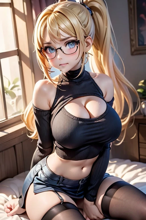 Masterpiece, perfect face, perfect legs, perfect body, perfect breasts, perfect hands, perfect fingers, slutty, very huge breasts, cleavage, very short skirt, bare shoulders, sweater, sleeveless sweater, stockings, high ponytail, bare midriff, non-nude, blonde hair, bent forward, cleavage window, glasses, blushing, biting lip, seductive expression