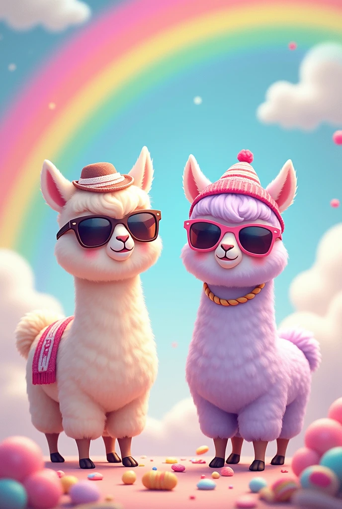 Two Cute alpacas,comic,dreamy,Clouds,candys,sunglasses,rainbow,soft pink hair,soft purple Hair,hat