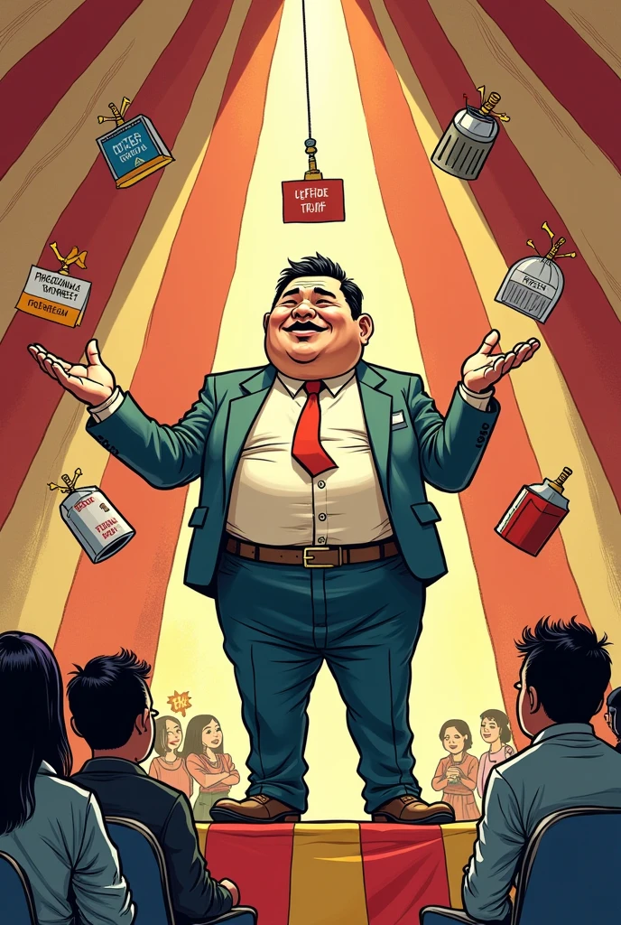 Imagine a cartoon where the Philippine media is depicted as a large, overburdened juggler in a circus tent. The juggler is balancing various objects labeled "Truth," "Freedom," "Sensationalism," "Propaganda," and "Public Interest." Some objects are falling or being dropped, while others are being precariously balanced. The audience, representing the public, looks both entertained and confused.