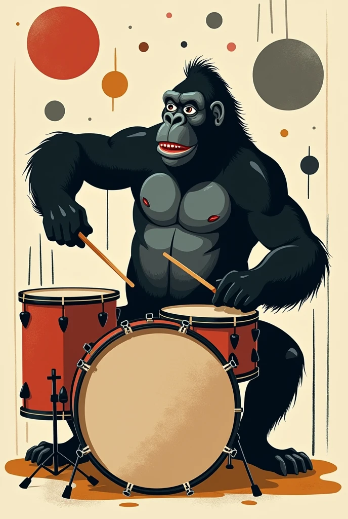 A simple and stylish illustration of a gorilla drumming character、The atmosphere is like Picasso