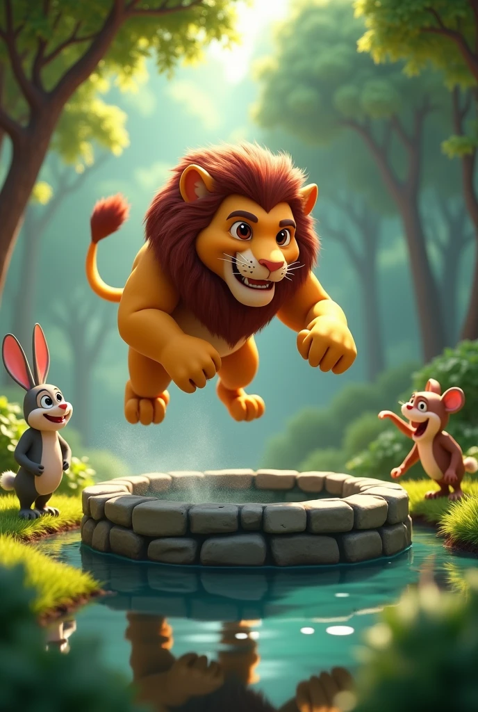 "In 3D animation style" The lion is seen mid-jump, diving into the well, with his reflection in the water below. In the background, the rabbit is standing with a proud smile, and other animals, like monkeys and deer, are peeking from behind trees, celebrating the lion's downfall.