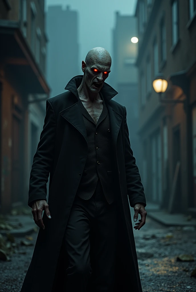 (photorealism:1.2), A man, 30 years, vampire, nosferate, sound, monsterso, former US military man, underworld, at night, deformed, monster