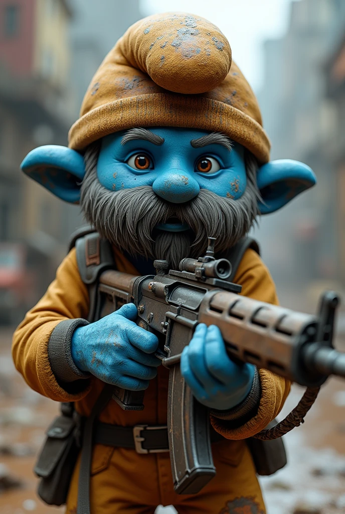 A smurf with brown skin as a character from the video game rust with a rifle