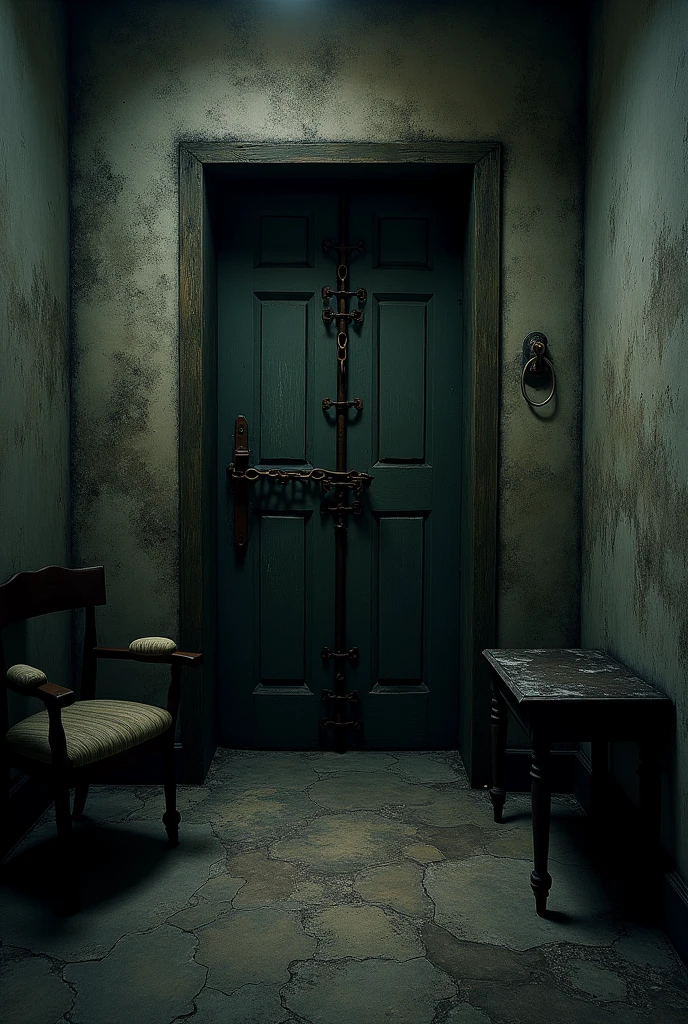 Haunted Hotel Room:
"A dark, old hotel room with cracked stone walls, dim lighting, and an eerie atmosphere. Shadows are lurking in the corners, and the door is locked with heavy iron chains."