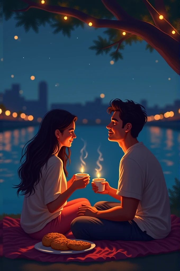 A couple of friends (man and woman): sitting in front of the waterfront of Asunción, Paraguay under the night sky covered with a blanket while sharing a coffee with the traditional Paraguayan chipa