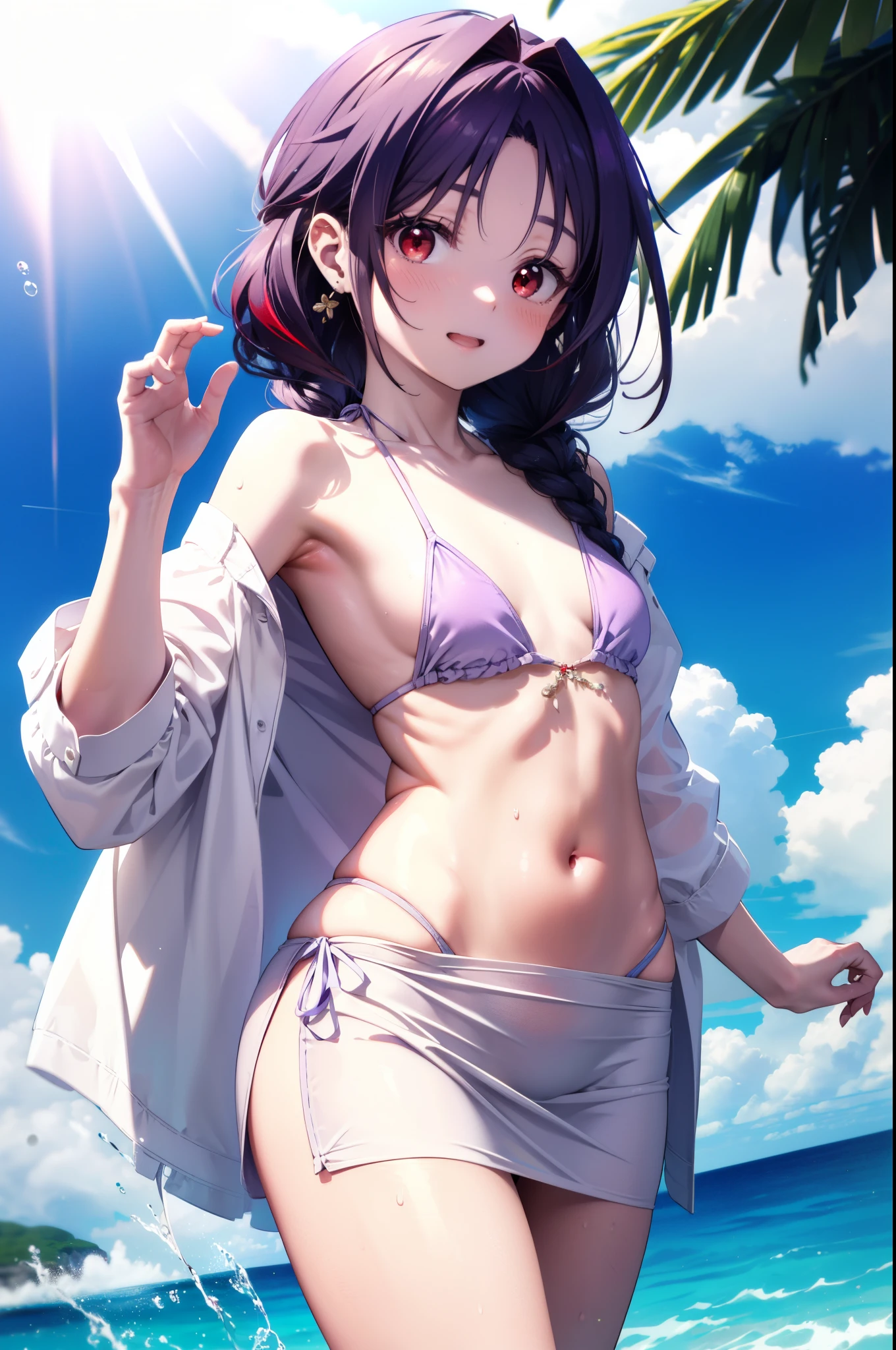 yuukikonno, Yuuki Konno, red hair band, Long, thick braids, Pointed Ears, Purple Hair, (Red eyes:1.5), (Small breasts:1.2), smile,blush,Open your mouth,Purple bikini string swimsuit,Pareo Swimsuit,Belly button,A thin long skirt is wrapped around her waist,barefoot,Water Play,Daytime,Clear skies,True Summer,whole bodyがイラストに入るように,Sandy Beachを散歩している,
break looking at viewer, whole body, (Cowboy Shot:1. 5),
break outdoors, Beach,Sandy Beach,
break (masterpiece:1.2), Highest quality, High resolution, unity 8k wallpaper, (figure:0.8), (Beautiful attention to detail:1.6), Highly detailed face, Perfect lighting, Highly detailed CG, (Perfect hands, Perfect Anatomy),