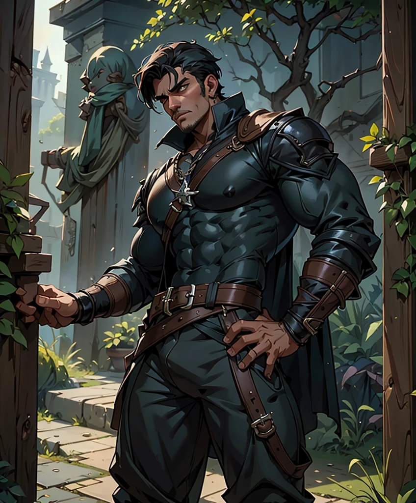 Dashing male swashbuckler dressed in black.  Excellent fashion sense.  Attractive.  Daring.  Romantic.  Stoic.  Moody.  Brooding.   award winning, fantasy art concept masterpiece, trending on Artstation, digital art, unreal engine, 8k, ultra HD, centered image, centered image.trending