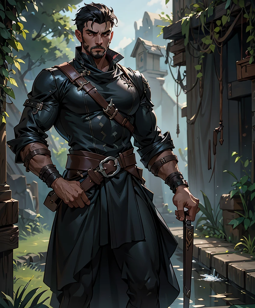 Dashing male swashbuckler dressed in black.  Excellent fashion sense.  Attractive.  Daring.  Romantic.  Stoic.  Moody.  Brooding.   award winning, fantasy art concept masterpiece, trending on Artstation, digital art, unreal engine, 8k, ultra HD, centered image, centered image.trending