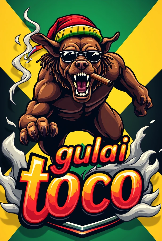 Logo text "gulai toco"full brown bull terrier dog, running roaring, brown legs, dreadlocks,wearing a hat beanie red yellow green and smoking cigar cigarette, wearing cool glasses standing, brown body color, futuristic and dynamic design. The dog has a bepita in the reflection. The logo text red yellow color 'gulai toco" is written on the object that is emitting smoke. silver and red yellow black hologram emblem, The jamaica flag background