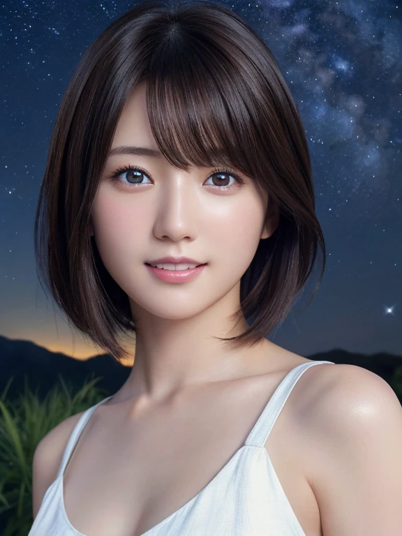 masterpiece、Highest quality、High resolution、Japanese women、(RAW Photos, Highest quality), (reality, Realistic:1.4) Tabletop、wallpaper、reality的、Bright lighting、Professional Lighting、Face Light、Smooth lighting、Adult、sexy、Sunburned skin、very detailed eyes and face, Beautiful and detailed nose, beautiful eyes, Perfect Anatomy、short hair、Brunette Hair、Iris、A cool smile、 looking up at beautiful starry sky