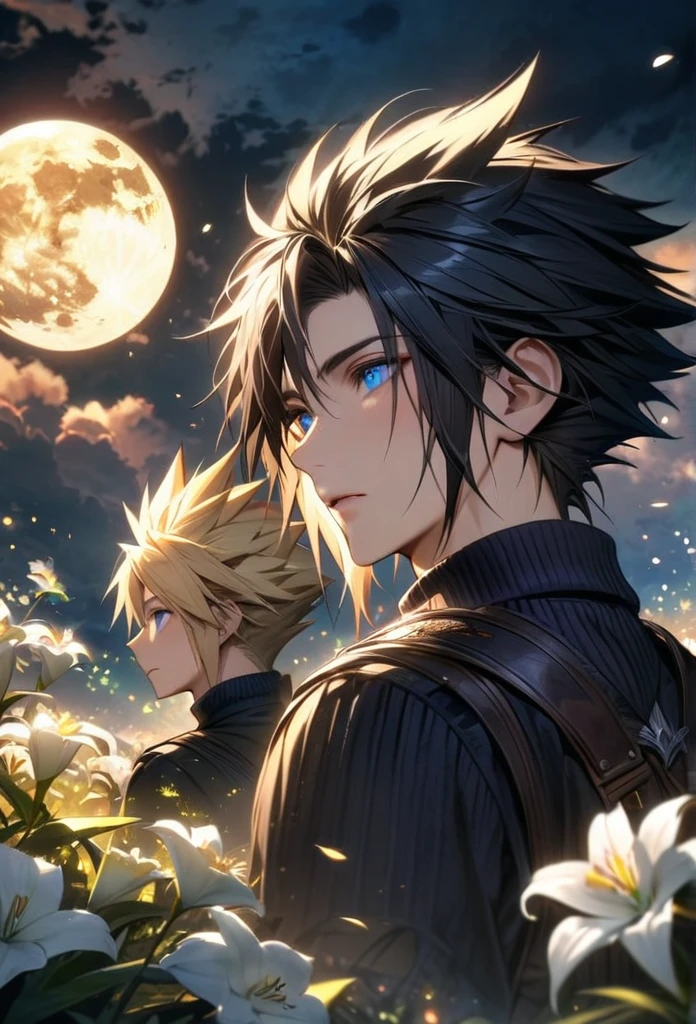 absurdres, highres, ultra detailed, HDR, master piece, best quality, Zack, black hair, expressive blue eyes, Final Fantasy, Cloud Strife, blond hair, expressive blue eyes, 2men together, handsome, petals, white lilies, moon, fireflies, extremely detailed face and eyes