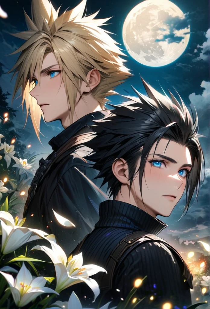 absurdres, highres, ultra detailed, HDR, master piece, best quality, Zack, black hair, expressive blue eyes, Final Fantasy, Cloud Strife, blond hair, expressive blue eyes, 2men together, handsome, petals, white lilies, moon, fireflies, extremely detailed face and eyes