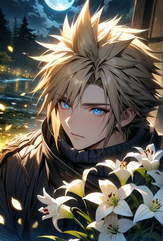 absurdres, highres, ultra detailed, HDR, master piece, best quality, Zack, black hair, expressive blue eyes, Final Fantasy, Cloud Strife, blond hair, expressive blue eyes, 2men together, handsome, petals, white lilies, moon, fireflies, extremely detailed face and eyes