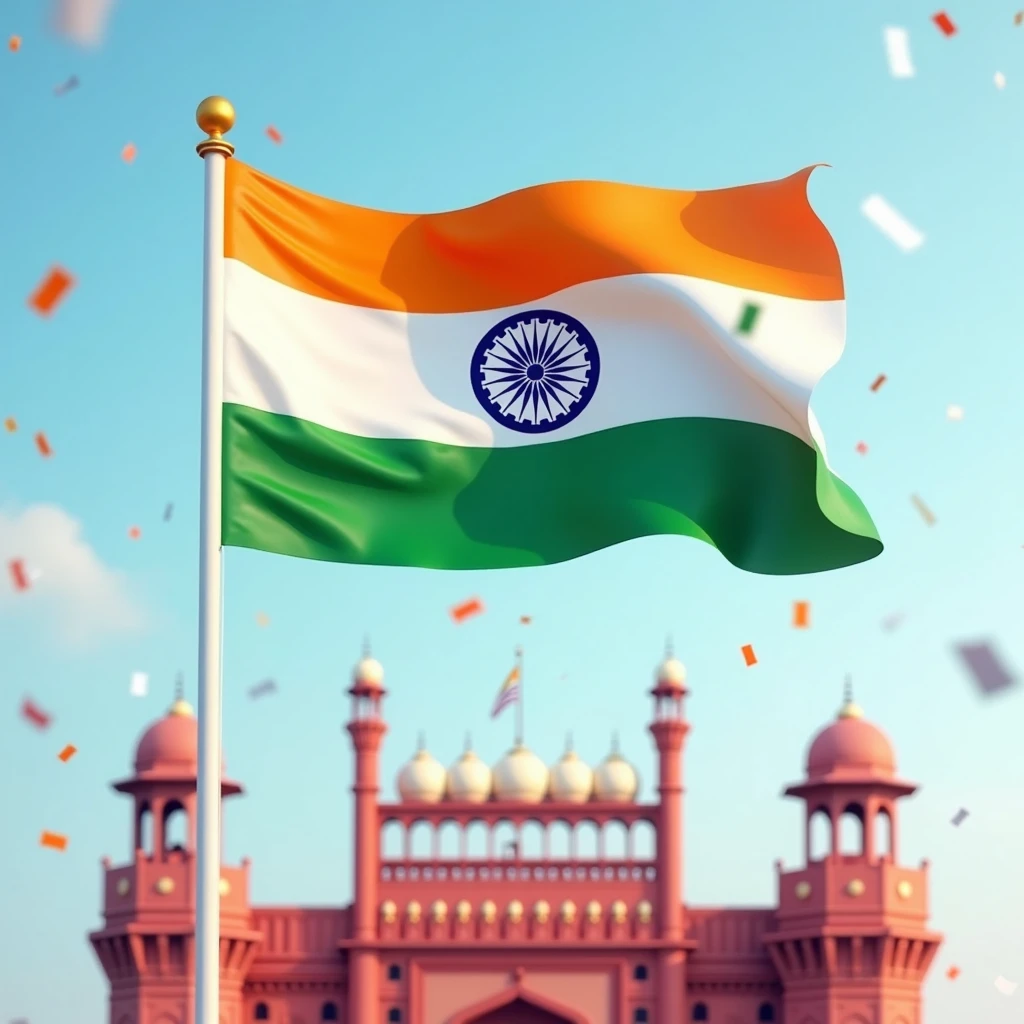 in the center a big India Flag that is not waving in the wind, light blue sky with minimal clouds and red fort as backdrop. saffron, green and white confetti