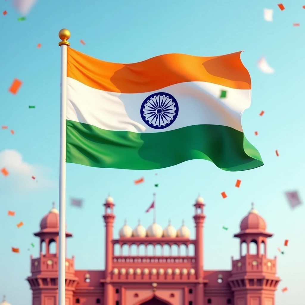 in the center a big India Flag that is not waving in the wind, light blue sky with minimal clouds and red fort as backdrop. saffron, green and white confetti