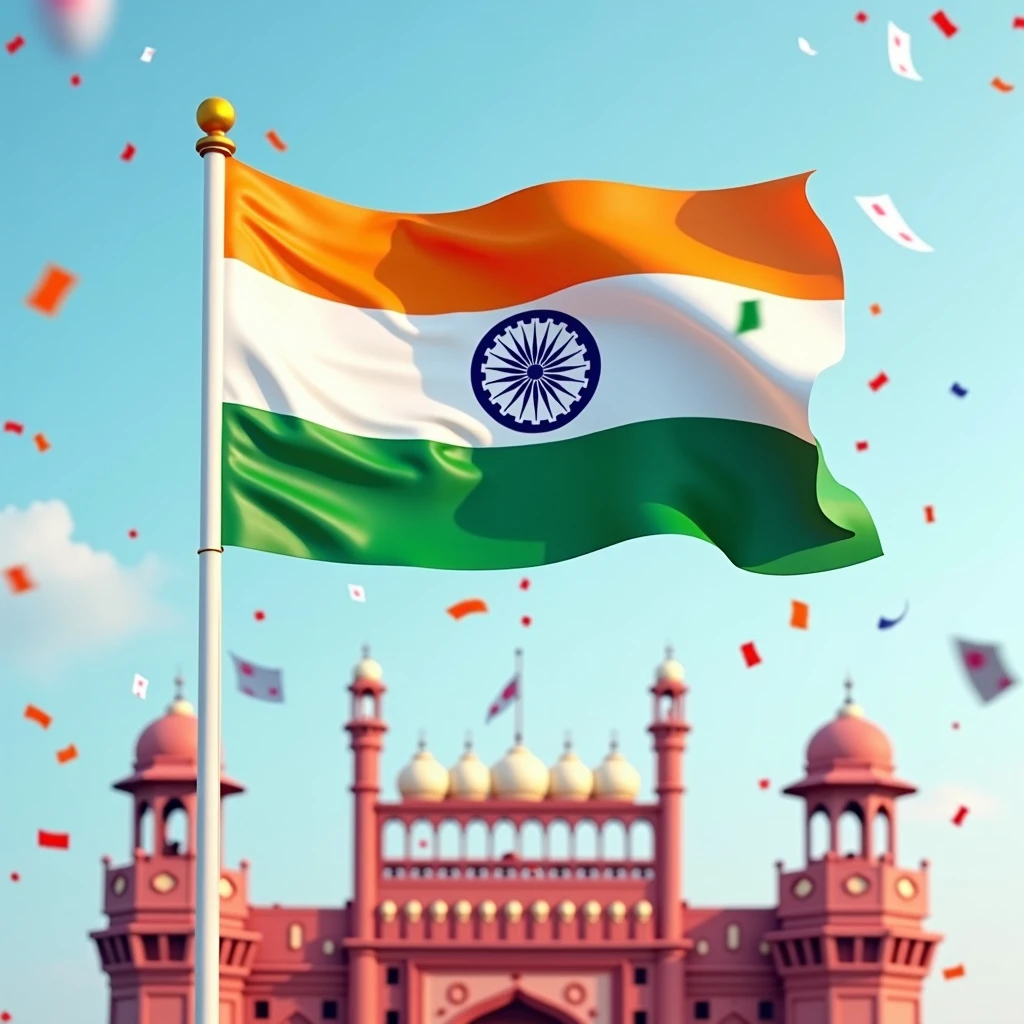 in the center a big India Flag that is not waving in the wind, light blue sky with minimal clouds and red fort as backdrop. saffron, green and white confetti