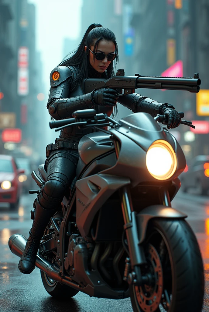 hold a shotgun,put on sunglasses,there is a terminator woman riding a motorcycle on a city street, badass anime 8 k, daniel maidman octane rendering, sitting on cyberpunk motorbike, unreal engine 4k wallpaper, octane. trending on artstation, motorcycle concept art, concept art octane render, octane cgsociety, unreal engine', 3 d octane render conceptart, james gurney cinematic lighting, beautiful and cinematic lighting