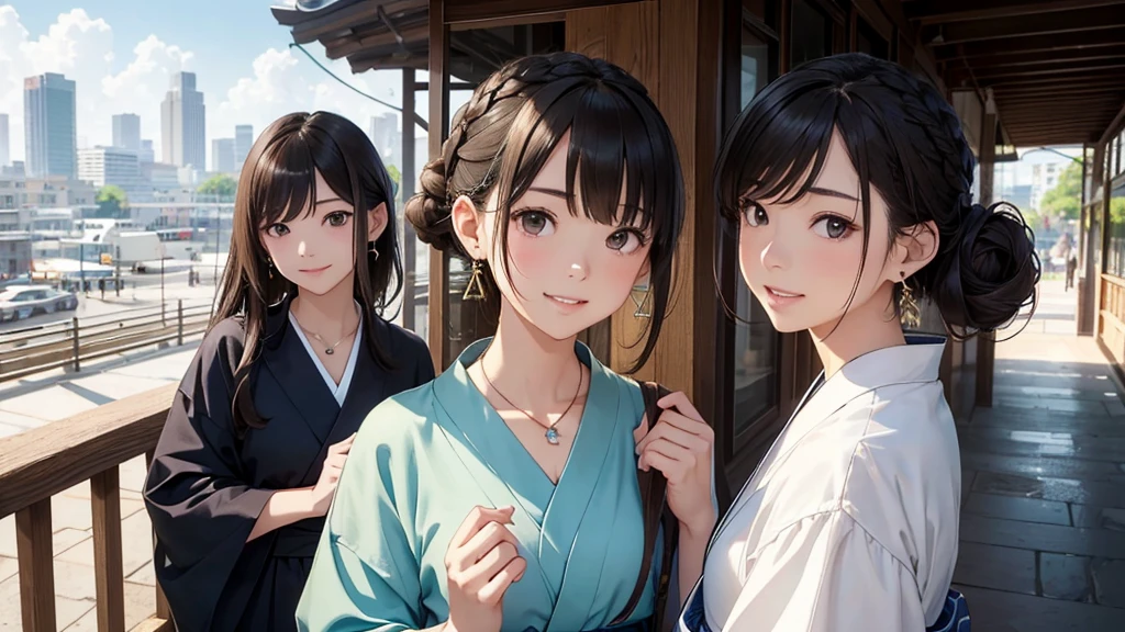 Nara cityscape、Women in their teens to 40s、(stylish, Dress relaxed)Adult woman in yukata、/(Dark Brown Hair/)bangs、cheek(direction)、(masterpiece 1.2)Delicate illustrations with attention to detail、break (Ancient Capital:1.2) (The background is fresh green)、、()、blue sky、Detailed Background、whole bodyが写る、A shy smile、Through clenched teeth、Through clenched teeth、lip、cheek(Flat Color: 0.8)、(masterpiece: 1,2)、(masterpiece: 1,2)、High resolution、Ultra high definition、Highest quality、High resolution、Ultra-thin illustration、Makoto Shinkai style、Your name is style、Short Bob、necklace、Earrings、Dynamic pose、Selfie、whole body、Brown Hair、Braiding、Hair Bun、ponytail・Hair Bunスタイル、necklace、Valletta、ribbon、Earrings、マニキュアSelfie。