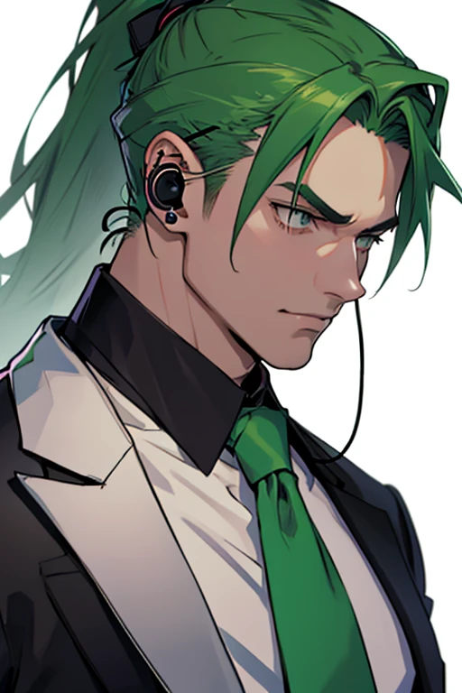 Green Hair、ponytail、Man wearing headphones、Wear a black suit with a white ruffled tie around your neck、