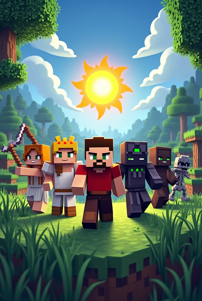 Create an image with characters that have Demeter, Eris, Ares, Pluto and Thanatos that are in the minecraft style and with the title written Sun Roleplay
