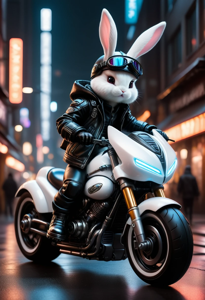 ( Anatomically perfect) Cute and detailed little white rabbit riding a high-tech motorcycle(Bright and clear), Sideways high-tech hat, wearing black leather jacket and black one-piece leather armor, Long black leather gloves, Black boots, Cyberpunk town at night, (Cyberpunk theme),
(masterpiece, best quality, 8k, Sharp focus, Limit depth for writing, Best shadow, Perfect light, High Dynamic Range, Realistic skin texture, Ultra detailed background), Wide-angle lens