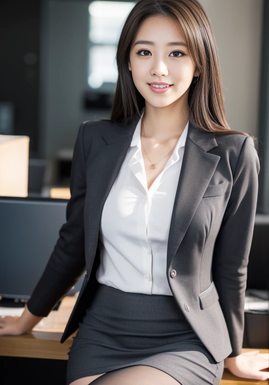 (Highly detailed CG Unity 8K wallpapers, Highest quality, Very detailed, Looking at the camera:1.2, The light shines on your face:1.5, Gray background, Professional Lighting), Upper Body, 20-year-old Japanese female paralegal. Hair length is medium, dark, Back to practical style; Oval face and well-defined eyebrows, Intelligent almond-shaped eyes, Straight nose, and a gentle tone. Outfit includes a tailored blazer, Crisp white shirt, discreet pendant necklace, It symbolizes her efficient and focused personality., front, Mid Shot, smile, mini skirt, pantyhose, High heels, Perfect beauty, office worker, ((Perfect beauty)), Slim legs, At a stylish open cafe in an office district, ,