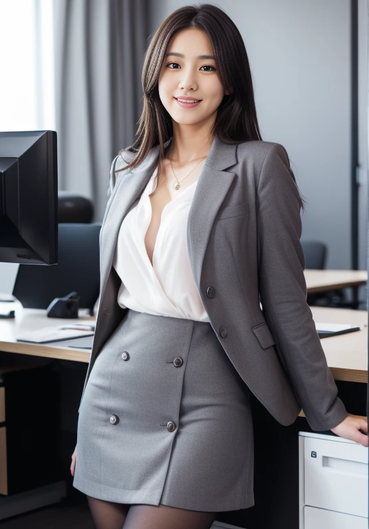 (Highly detailed CG Unity 8K wallpapers, Highest quality, Very detailed, Looking at the camera:1.2, The light shines on your face:1.5, Gray background, Professional Lighting), Upper Body, 20-year-old Japanese female paralegal. Hair length is medium, dark, Back to practical style; Oval face and well-defined eyebrows, Intelligent almond-shaped eyes, Straight nose, and a gentle tone. Outfit includes a tailored blazer, Crisp white shirt, discreet pendant necklace, It symbolizes her efficient and focused personality., front, Mid Shot, smile, mini skirt, pantyhose, High heels, Perfect beauty, office worker, ((Perfect beauty)), Slim legs, At a stylish open cafe in an office district, ,