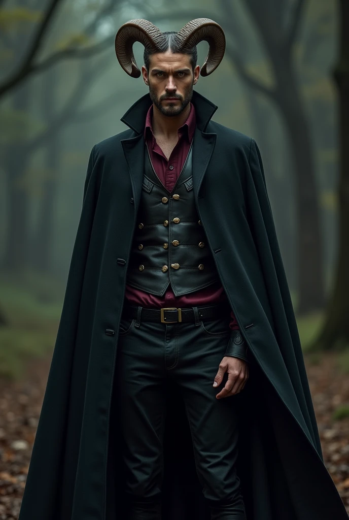 Man with yellow eyes, small ram horns. In Bordeaux colored shirt with black pants and black boots. Leather chest protector Long black coat