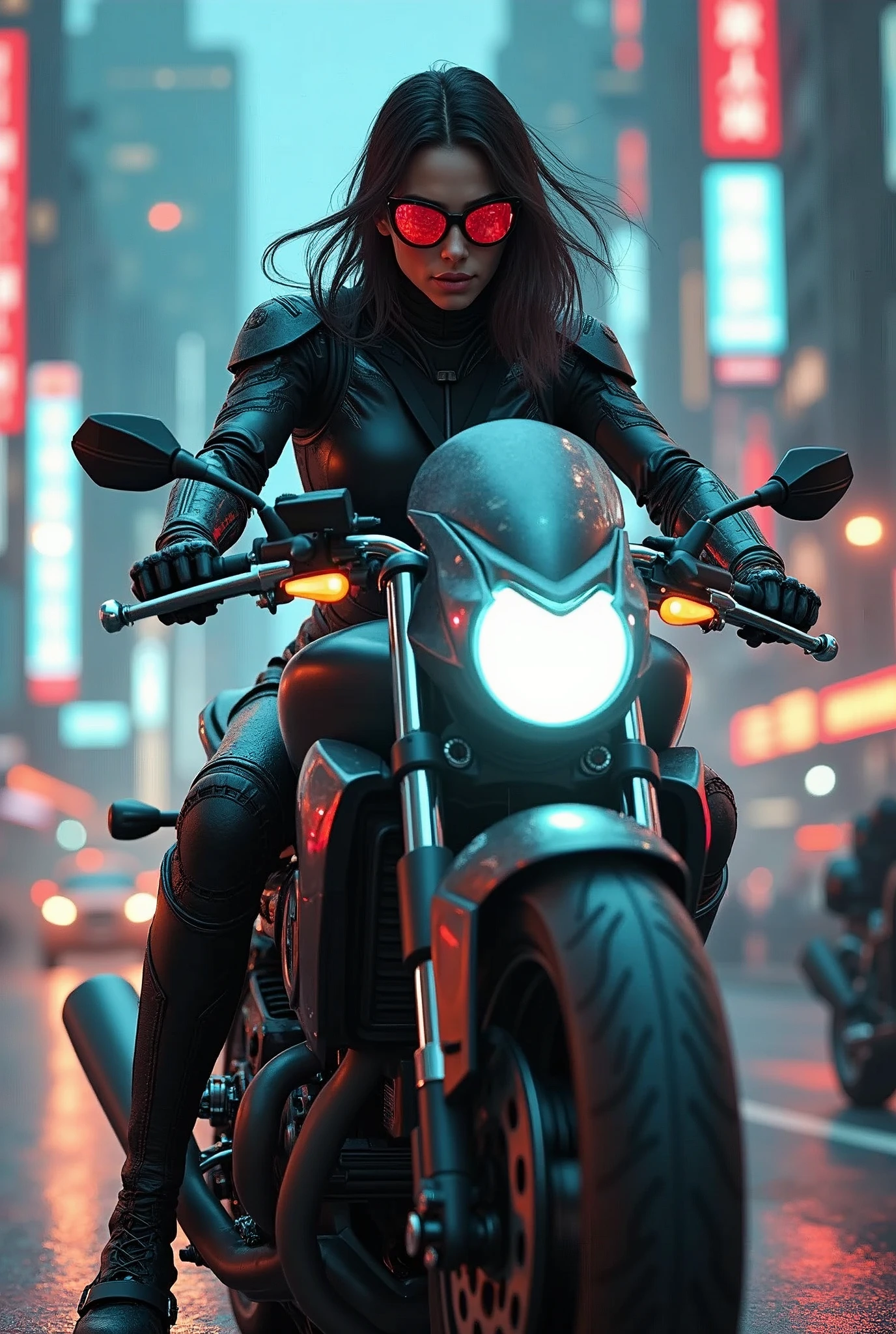 put on sunglasses,there is a armed terminator woman riding a motorcycle on a city street, badass anime 8 k, daniel maidman octane rendering, sitting on cyberpunk motorbike, unreal engine 4k wallpaper, octane. trending on artstation, motorcycle concept art, concept art octane render, octane cgsociety, unreal engine', 3 d octane render conceptart, james gurney cinematic lighting, beautiful and cinematic lighting