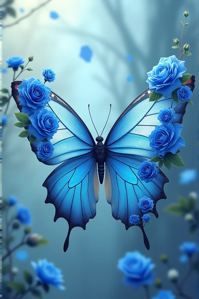 Butterfly with blue roses on its wings