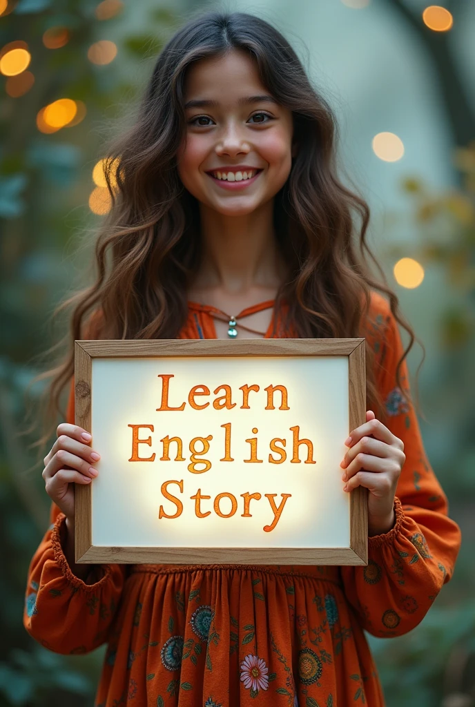Beautiful girl with heart-warming smile and wavy long hair, bohemian dress, holding a white board with text "learn English Through Story" and showing it to the viewer, the board is glowing with a the text,Different quality girl.