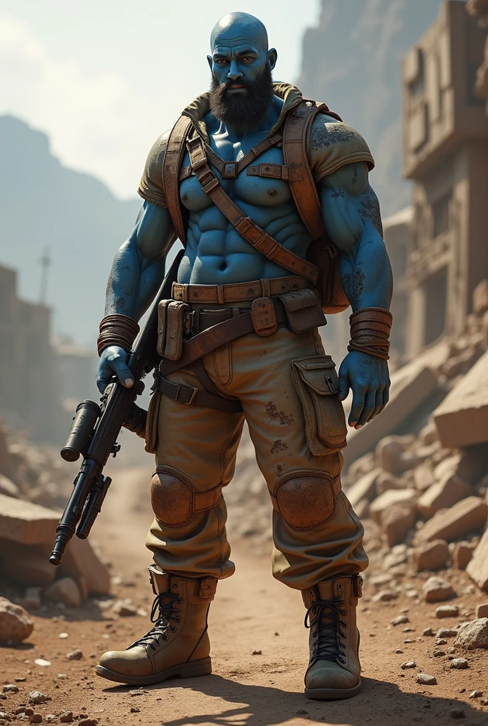 A smurf with brown skin as a character from the video game rust with a rifle. Make it a black man