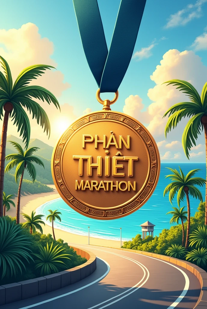 medal (medal) Phan Thiet Marathon Suggested image symbolizing Phan Thiet City, dùng cho AI: blue sea, white sand, golden sunshine, coastal road, coconut tree, water tower.