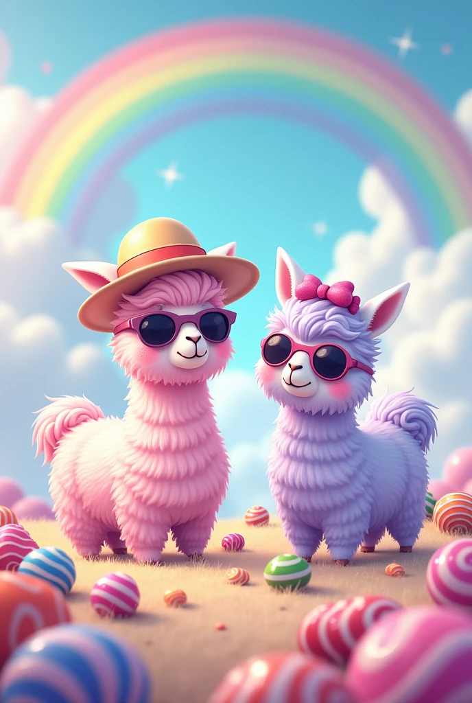 Two Cute alpacas,comic,dreamy,Clouds,candys,sunglasses,rainbow,soft pink hair,soft purple Hair,hat