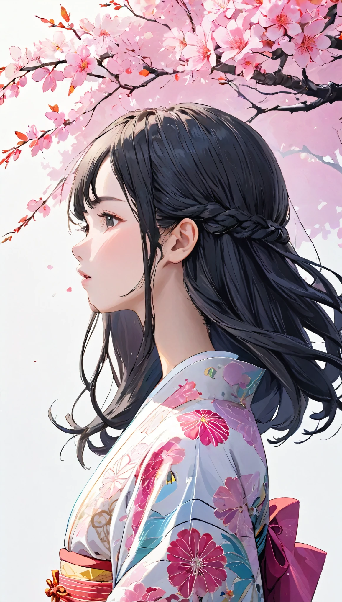 (((White background、White world)))、22 years old、Unity 8k wallpaper、Super detailed、Beautiful and aesthetic、masterpiece、Highest quality、(Tangle、Mandala、Tangle、Tangle)、(Fractal Art:1.3)、One Woman、Beautiful black hair、Wavy Hair、Japanese、Big pink、Pink kimono、Japanese...